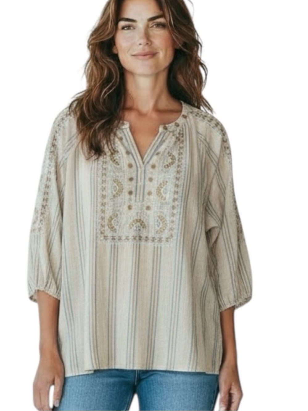PURE JILL Striped Embroidered Tunic in Beige / Cream Size M — SUPER BOHO VIBES! - Picture 11 of 12